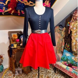 VTG 80s Pantagis Black Long‎ Sleeve Rhinestone Button Red Full Skirt Dress